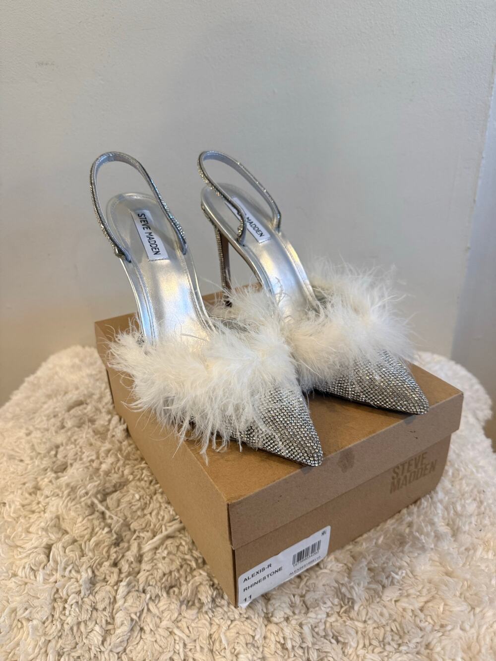 Steve Madden Silver Rhinestone Slingback Pumps with White Feather Trim Size 11